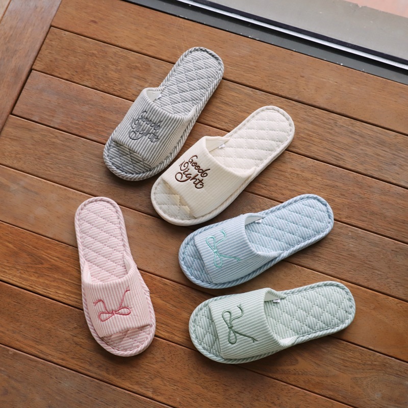 Women's summer home indoor home linen sandals slippers household casual striped embroidery bowknot letter couple cloth slippers