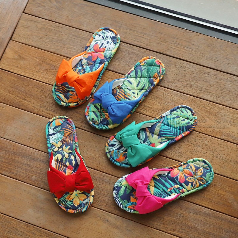 New high-end bowknot cloth fabric slippers Hawaii style indoor household anti-slip four-season sandals slippers