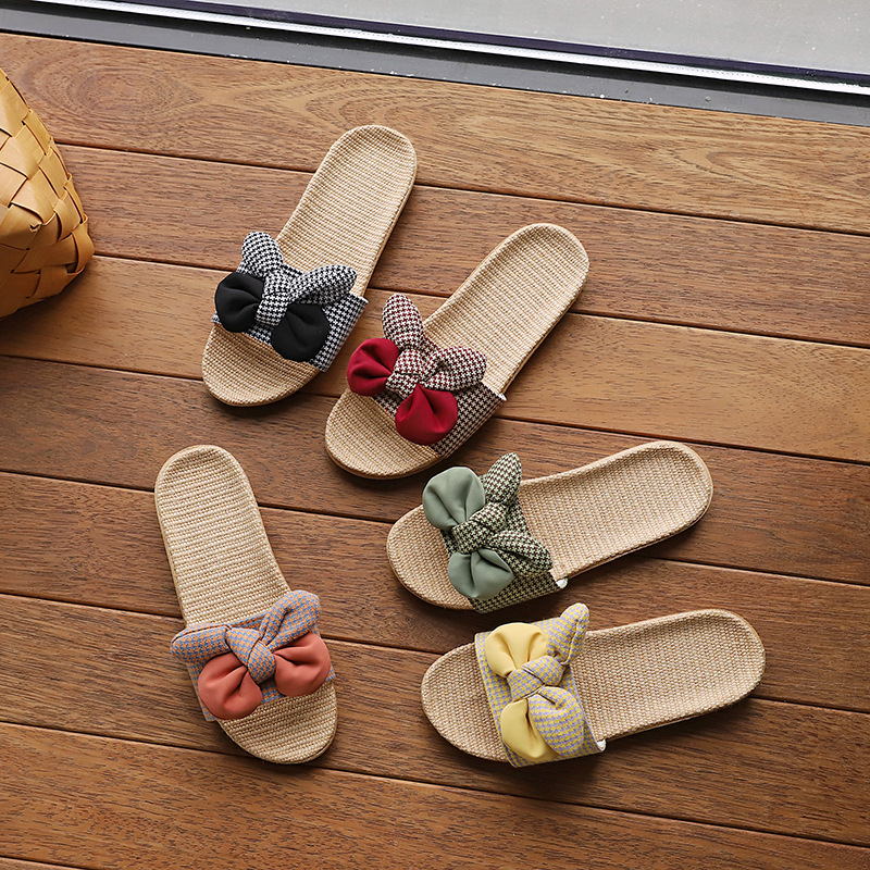 New summer linen women's soft-soled wearable bowknot anti-slip home slippers