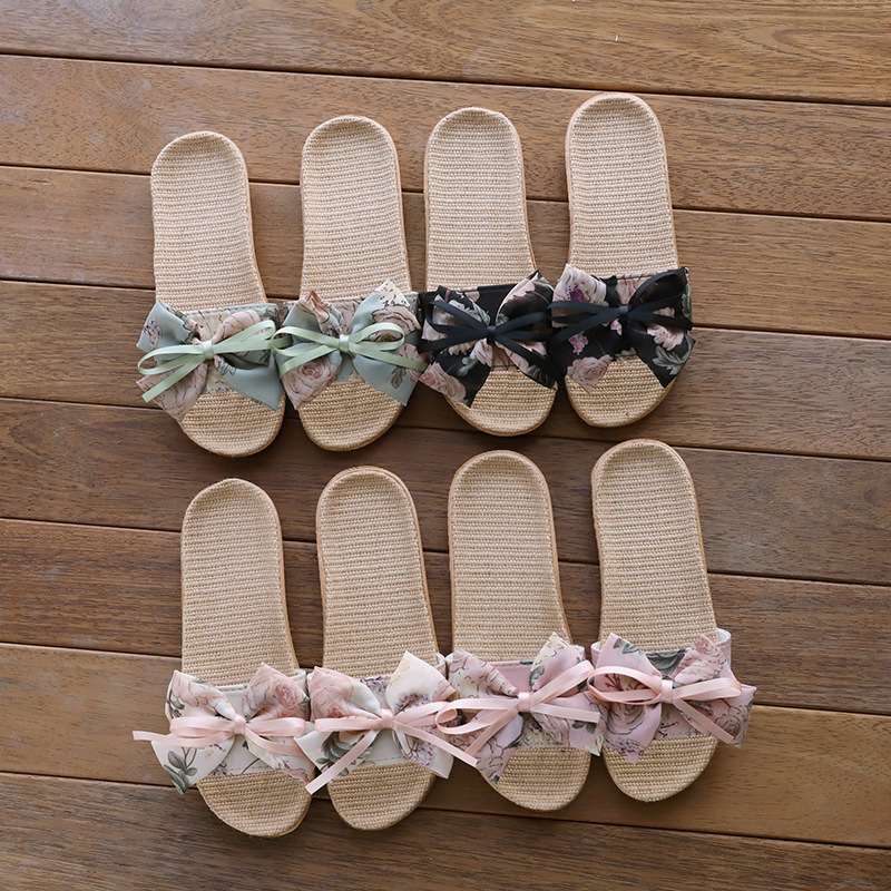 Ladies' home breathable anti-slip bowknot decorative indoor slippers ink painting linen floor indoor anti-slip all-season slippers