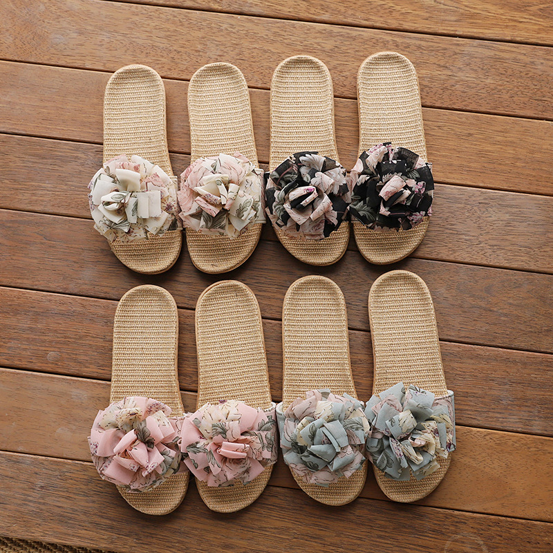 New spring and summer in-stock thick-soled household slippers, women's soft-soled indoor breathable floral linen slippers sandals