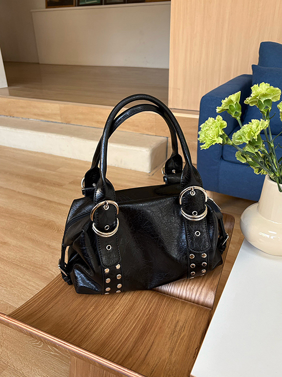 Wholesale Women's Rivet Studded Boston Bag PU Leather Biker Top Handle Shoulder Crossbody Bag